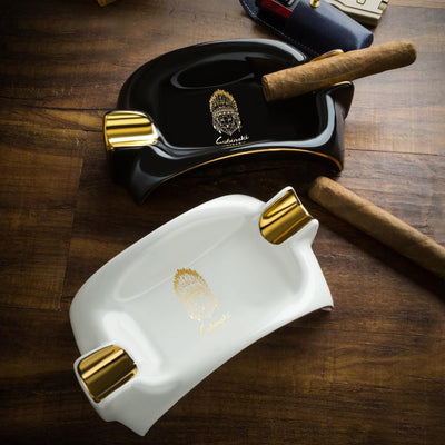 Lubinski Black and Gold Two Slot Ceramic Ashtray - Cigar Drape Accessories